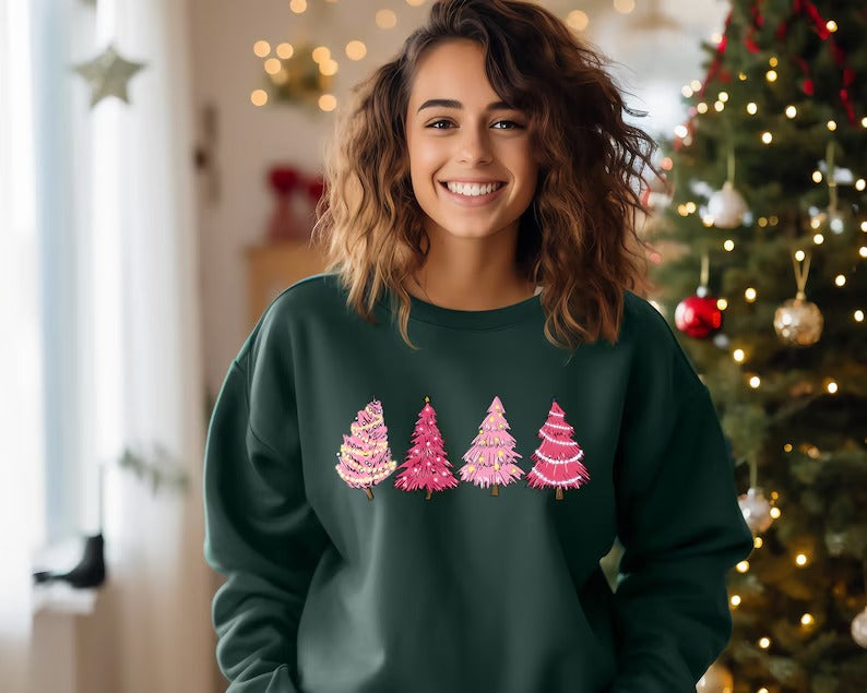 Christmas Tree Jumper, Christmas Crewneck Sweatshirt, Xmas Women Matching Pink Trees Minimalist Sweater, Christmas Eve Holiday Party Gifts