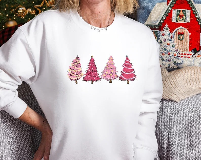 Christmas Tree Jumper, Christmas Crewneck Sweatshirt, Xmas Women Matching Pink Trees Minimalist Sweater, Christmas Eve Holiday Party Gifts