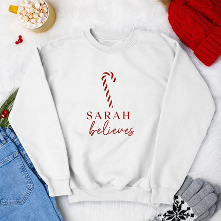 Custom Christmas Believe Sweatshirts, Personalised Name Xmas Candy Cane Printed Sweater, Merry Christmas Jumpers, Christmas Night Presents