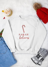 Custom Christmas Believe Sweatshirts, Personalised Name Xmas Candy Cane Printed Sweater, Merry Christmas Jumpers, Christmas Night Presents