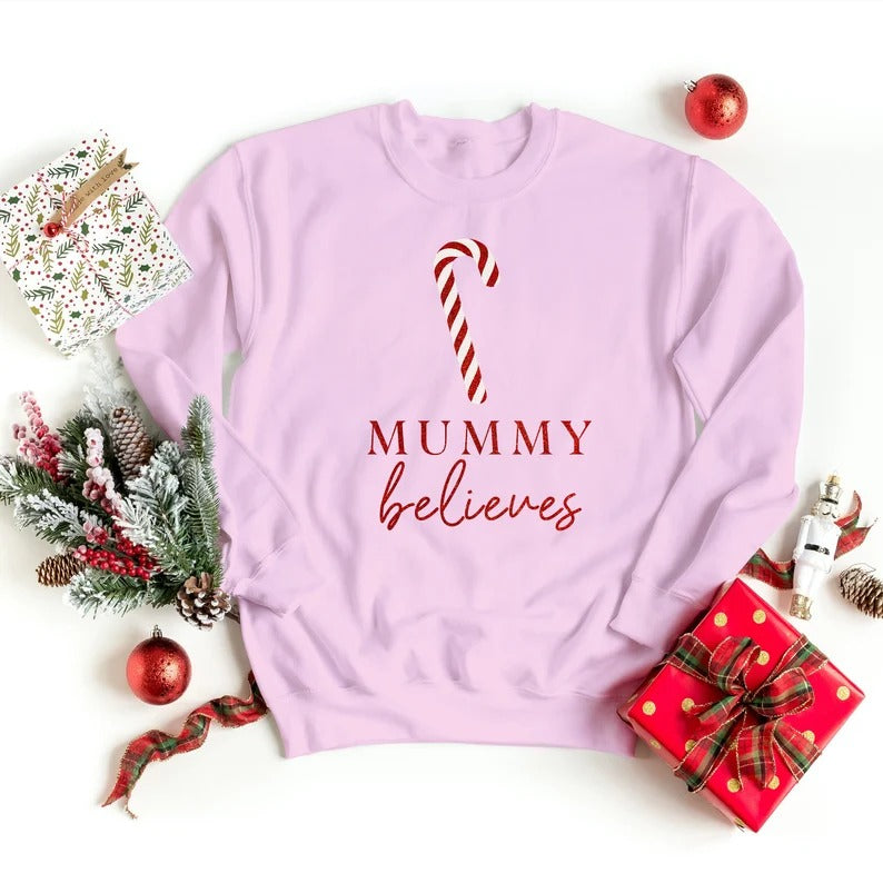 Custom Christmas Believe Sweatshirts, Personalised Name Xmas Candy Cane Printed Sweater, Merry Christmas Jumpers, Christmas Night Presents