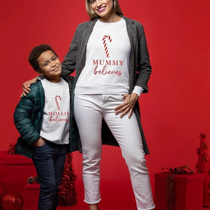 Custom Christmas Believe Sweatshirts, Personalised Name Xmas Candy Cane Printed Sweater, Merry Christmas Jumpers, Christmas Night Presents