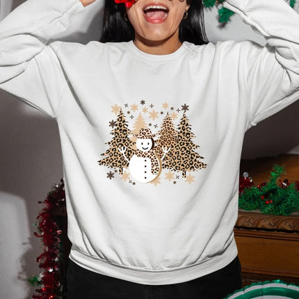 Christmas Trees Sweatshirt, Retro Leopard Art Trees Printed Sweater, Cute Winter Snowman Jumper, Family Matching Xmas Outfit, Christmas Gift