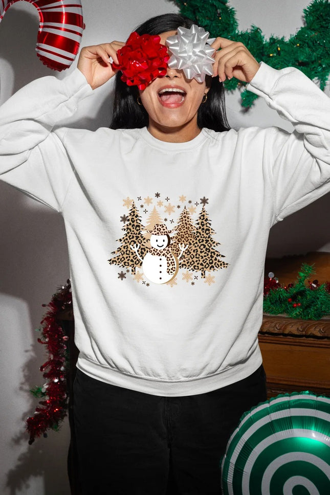 Christmas Trees Sweatshirt, Retro Leopard Art Trees Printed Sweater, Cute Winter Snowman Jumper, Family Matching Xmas Outfit, Christmas Gift