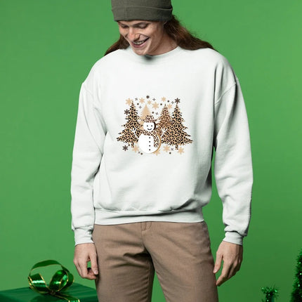 Christmas Trees Sweatshirt, Retro Leopard Art Trees Printed Sweater, Cute Winter Snowman Jumper, Family Matching Xmas Outfit, Christmas Gift