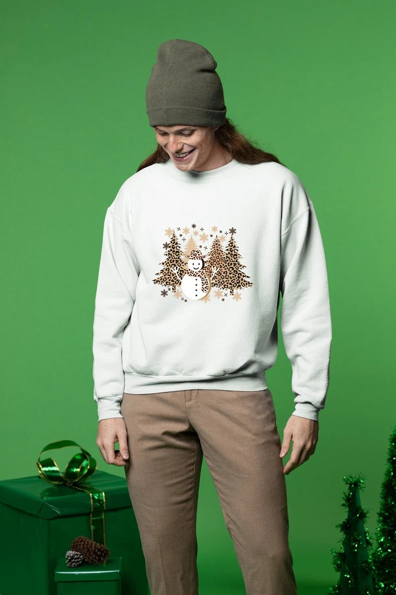 Christmas Trees Sweatshirt, Retro Leopard Art Trees Printed Sweater, Cute Winter Snowman Jumper, Family Matching Xmas Outfit, Christmas Gift