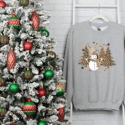 Christmas Trees Sweatshirt, Retro Leopard Art Trees Printed Sweater, Cute Winter Snowman Jumper, Family Matching Xmas Outfit, Christmas Gift