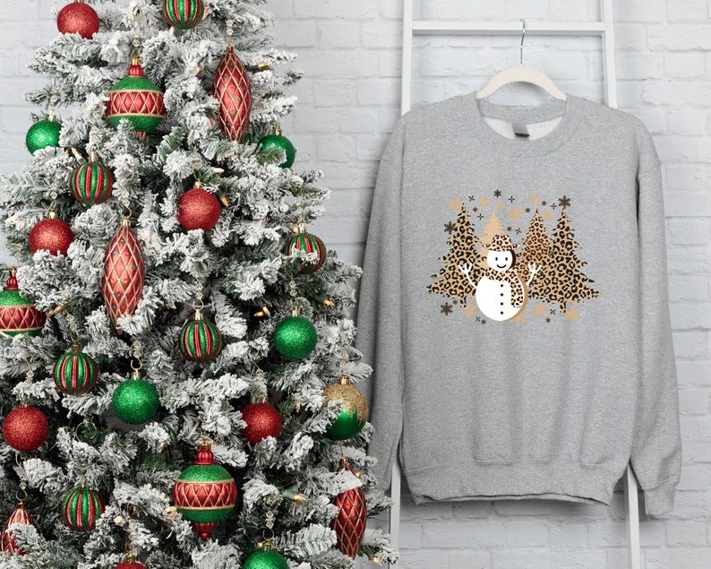 Christmas Trees Sweatshirt, Retro Leopard Art Trees Printed Sweater, Cute Winter Snowman Jumper, Family Matching Xmas Outfit, Christmas Gift