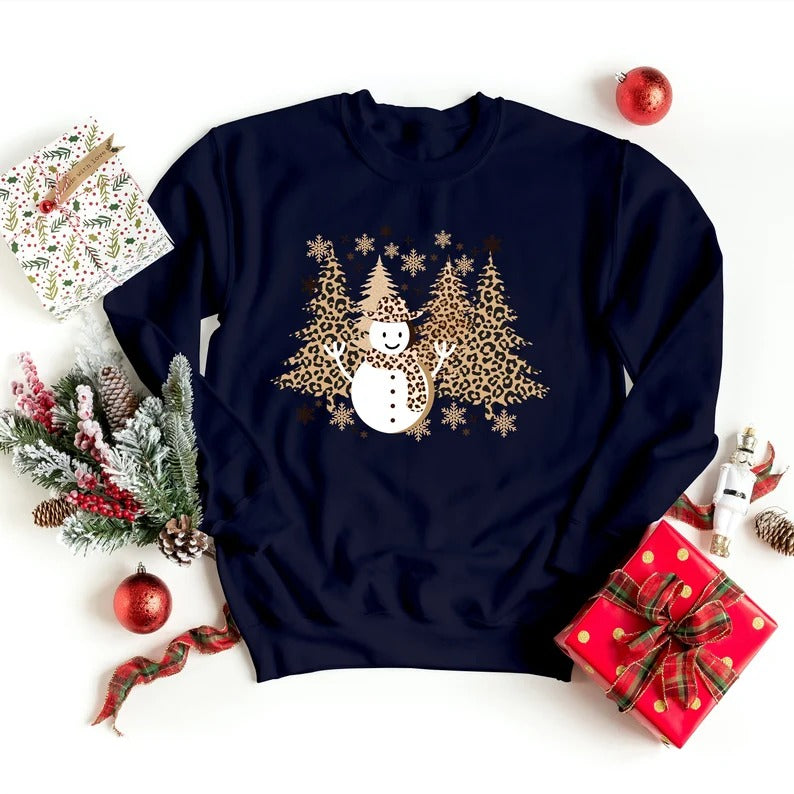 Christmas Trees Sweatshirt, Retro Leopard Art Trees Printed Sweater, Cute Winter Snowman Jumper, Family Matching Xmas Outfit, Christmas Gift