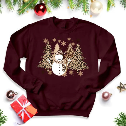 Christmas Trees Sweatshirt, Retro Leopard Art Trees Printed Sweater, Cute Winter Snowman Jumper, Family Matching Xmas Outfit, Christmas Gift