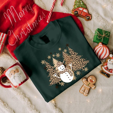 Christmas Trees Sweatshirt, Retro Leopard Art Trees Printed Sweater, Cute Winter Snowman Jumper, Family Matching Xmas Outfit, Christmas Gift