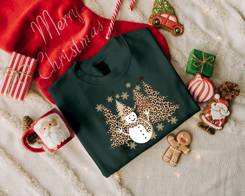 Christmas Trees Sweatshirt, Retro Leopard Art Trees Printed Sweater, Cute Winter Snowman Jumper, Family Matching Xmas Outfit, Christmas Gift