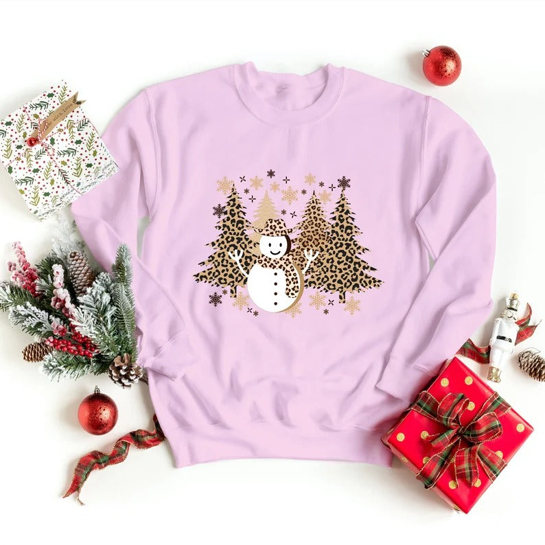 Christmas Trees Sweatshirt, Retro Leopard Art Trees Printed Sweater, Cute Winter Snowman Jumper, Family Matching Xmas Outfit, Christmas Gift