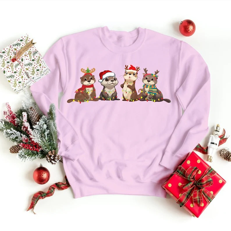 Christmas Sweatshirt, Otters Christmas Lights Printed Sweater, Merry Christmas Jumper, Otter Lover Christmas Gifts, Christmas Night Presents