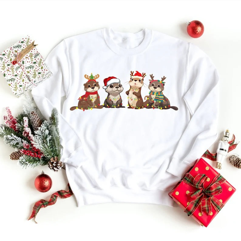 Christmas Sweatshirt, Otters Christmas Lights Printed Sweater, Merry Christmas Jumper, Otter Lover Christmas Gifts, Christmas Night Presents