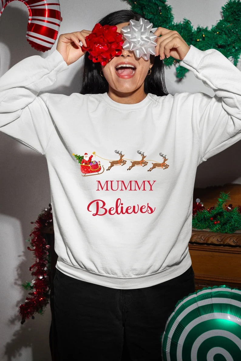 Personalised Christmas Believe Sweatshirts, Custom Name Xmas Reindeers Printed Sweater, Merry Christmas Jumpers, Christmas Night Presents