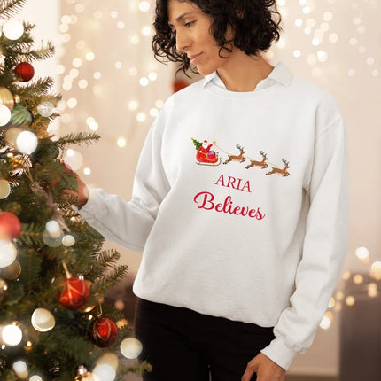 Personalised Christmas Believe Sweatshirts, Custom Name Xmas Reindeers Printed Sweater, Merry Christmas Jumpers, Christmas Night Presents