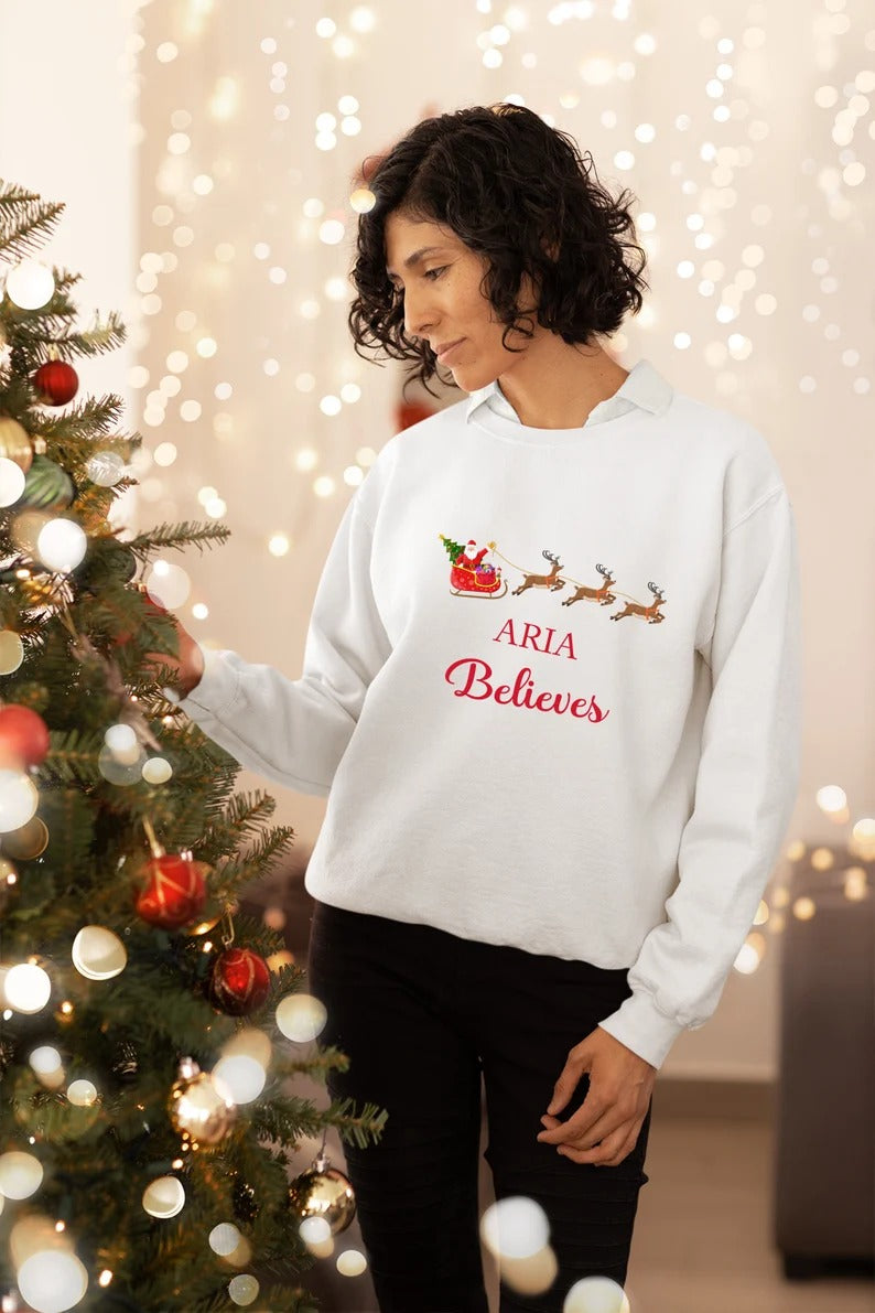 Personalised Christmas Believe Sweatshirts, Custom Name Xmas Reindeers Printed Sweater, Merry Christmas Jumpers, Christmas Night Presents