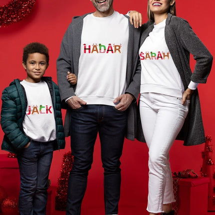 Family Christmas Sweaters With Name, Personalised Xmas Crewneck Sweatshirt, Unisex Comfort Colors Jumpers, Christmas Family Matching Outfits