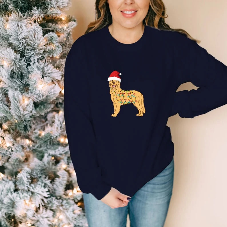 Golden Retriever Xmas Jumpers, Dog Christmas Lights Crewneck Sweatshirt, Xmas Dog Lovers Printed Sweaters, Dog Mum Sweater, Xmas Eve Gifts