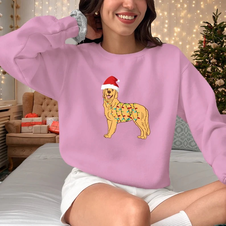 Golden Retriever Xmas Jumpers, Dog Christmas Lights Crewneck Sweatshirt, Xmas Dog Lovers Printed Sweaters, Dog Mum Sweater, Xmas Eve Gifts