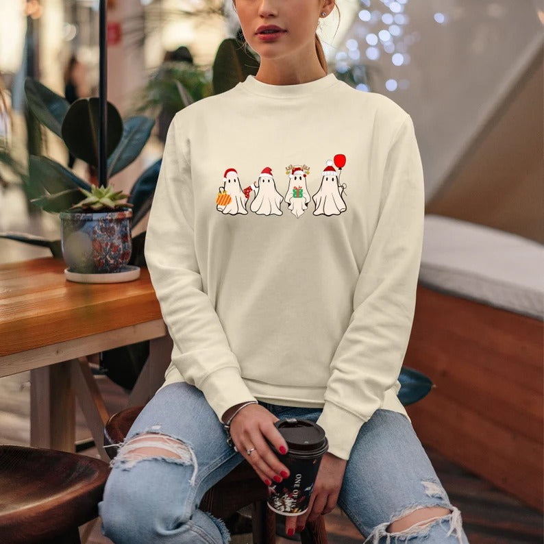 Christmas Ghost Crewneck Jumper, Cute Xmas Santa Ghosts Printed Sweatshirts, Funny Christmas Unisex Adults & Kids Sweater, Xmas Eve Presents