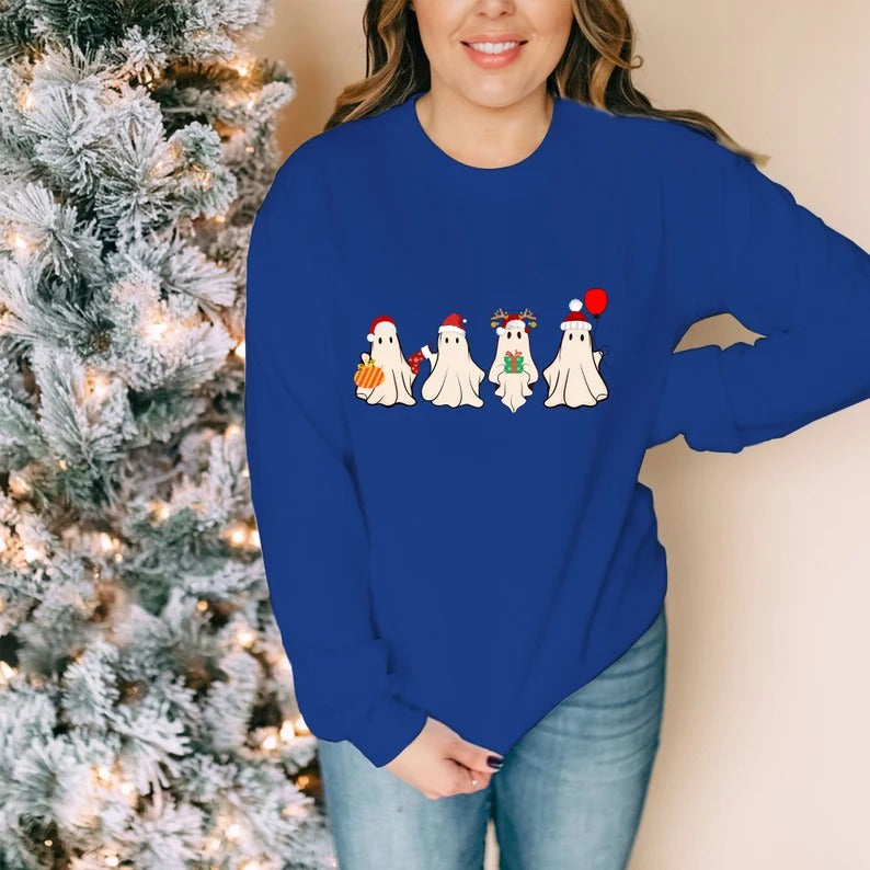 Christmas Ghost Crewneck Jumper, Cute Xmas Santa Ghosts Printed Sweatshirts, Funny Christmas Unisex Adults & Kids Sweater, Xmas Eve Presents