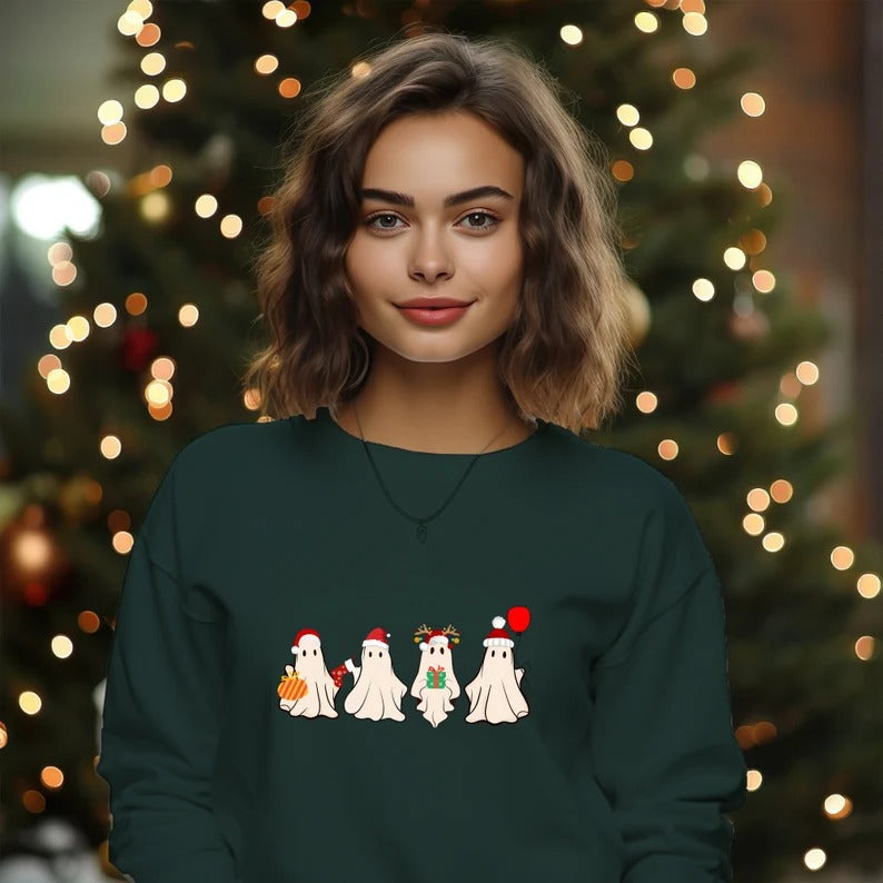 Christmas Ghost Crewneck Jumper, Cute Xmas Santa Ghosts Printed Sweatshirts, Funny Christmas Unisex Adults & Kids Sweater, Xmas Eve Presents