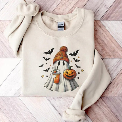 Halloween Ghost Printed Sweatshirt, Cute Ghost Halloween Pumpkin Spice Jumper, Vintage Fall Spooky Sweaters, Funny Halloween Party Outfits
