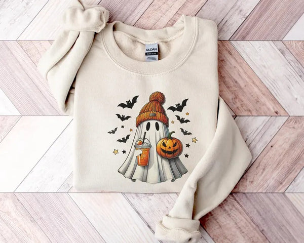 Halloween Ghost Printed Sweatshirt, Cute Ghost Halloween Pumpkin Spice Jumper, Vintage Fall Spooky Sweaters, Funny Halloween Party Outfits