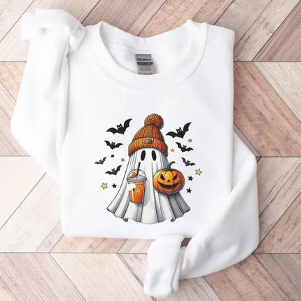 Halloween Ghost Printed Sweatshirt, Cute Ghost Halloween Pumpkin Spice Jumper, Vintage Fall Spooky Sweaters, Funny Halloween Party Outfits