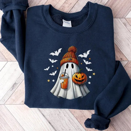 Halloween Ghost Printed Sweatshirt, Cute Ghost Halloween Pumpkin Spice Jumper, Vintage Fall Spooky Sweaters, Funny Halloween Party Outfits