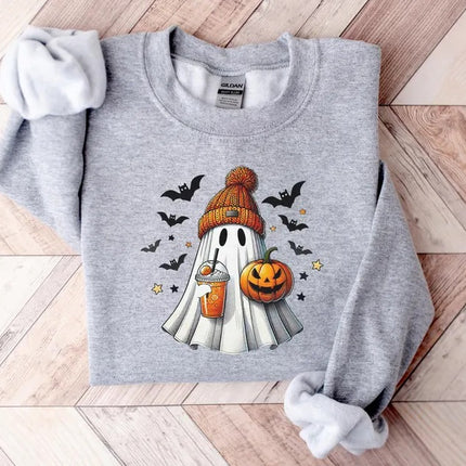 Halloween Ghost Printed Sweatshirt, Cute Ghost Halloween Pumpkin Spice Jumper, Vintage Fall Spooky Sweaters, Funny Halloween Party Outfits