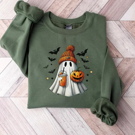 Halloween Ghost Printed Sweatshirt, Cute Ghost Halloween Pumpkin Spice Jumper, Vintage Fall Spooky Sweaters, Funny Halloween Party Outfits