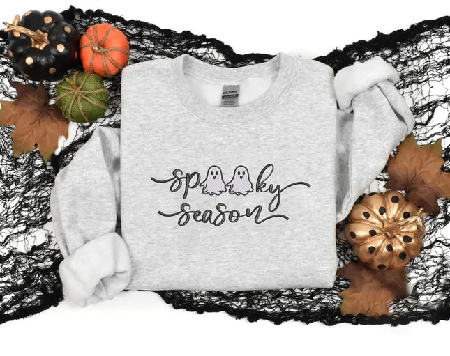 Spooky Season Halloween Sweater, Embroidered Halloween Ghosts Jumpers, Spooky Season Fall Crewneck Sweater, Autumn Fall Halloween Outfits