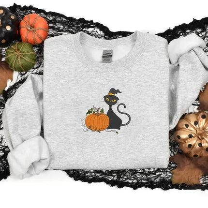 Halloween Witch Cat Embroidered Sweater, Halloween Witchy Cat Jumpers, Spooky Creepy Cat Pumpkin Crewneck Sweater, Cat Lover Halloween Gifts