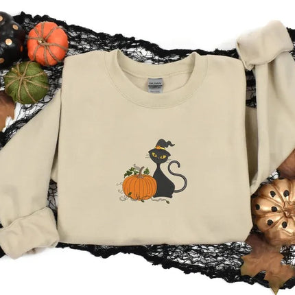 Halloween Witch Cat Embroidered Sweater, Halloween Witchy Cat Jumpers, Spooky Creepy Cat Pumpkin Crewneck Sweater, Cat Lover Halloween Gifts