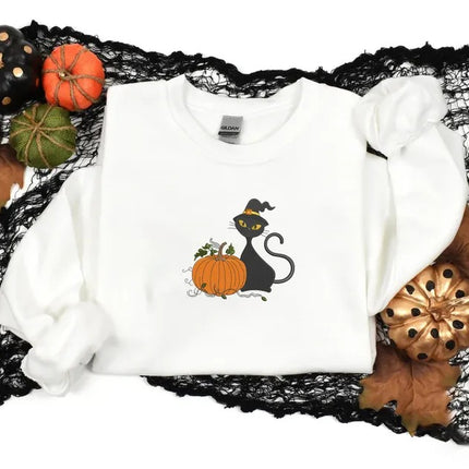 Halloween Witch Cat Embroidered Sweater, Halloween Witchy Cat Jumpers, Spooky Creepy Cat Pumpkin Crewneck Sweater, Cat Lover Halloween Gifts
