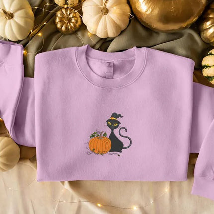 Halloween Witch Cat Embroidered Sweater, Halloween Witchy Cat Jumpers, Spooky Creepy Cat Pumpkin Crewneck Sweater, Cat Lover Halloween Gifts