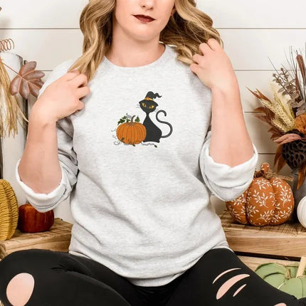 Halloween Witch Cat Embroidered Sweater, Halloween Witchy Cat Jumpers, Spooky Creepy Cat Pumpkin Crewneck Sweater, Cat Lover Halloween Gifts