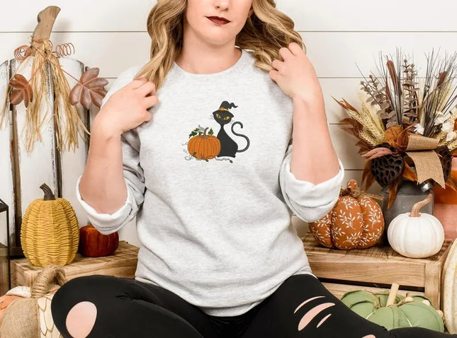 Halloween Witch Cat Embroidered Sweater, Halloween Witchy Cat Jumpers, Spooky Creepy Cat Pumpkin Crewneck Sweater, Cat Lover Halloween Gifts