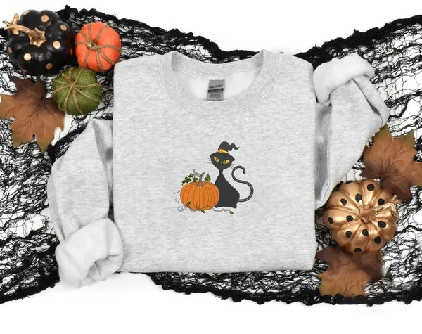 Halloween Witch Cat Embroidered Sweater, Halloween Witchy Cat Jumpers, Spooky Creepy Cat Pumpkin Crewneck Sweater, Cat Lover Halloween Gifts