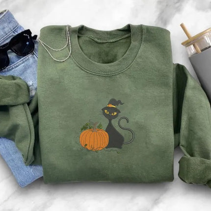 Halloween Witch Cat Embroidered Sweater, Halloween Witchy Cat Jumpers, Spooky Creepy Cat Pumpkin Crewneck Sweater, Cat Lover Halloween Gifts