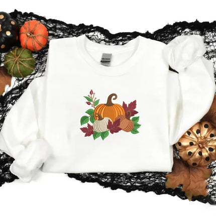 Fall Halloween Embroidered Sweatshirt, Autumn Leaves Crewneck Sweatshirt