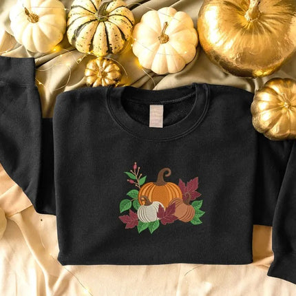 Fall Halloween Embroidered Sweatshirt, Autumn Leaves Crewneck Sweatshirt