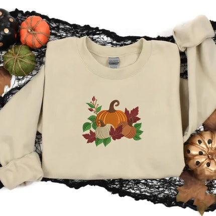 Fall Halloween Embroidered Sweatshirt, Autumn Leaves Crewneck Sweatshirt
