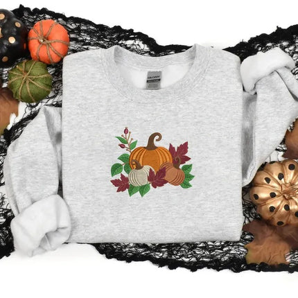 Fall Halloween Embroidered Sweatshirt, Autumn Leaves Crewneck Sweatshirt