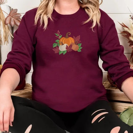 Fall Halloween Embroidered Sweatshirt, Autumn Leaves Crewneck Sweatshirt