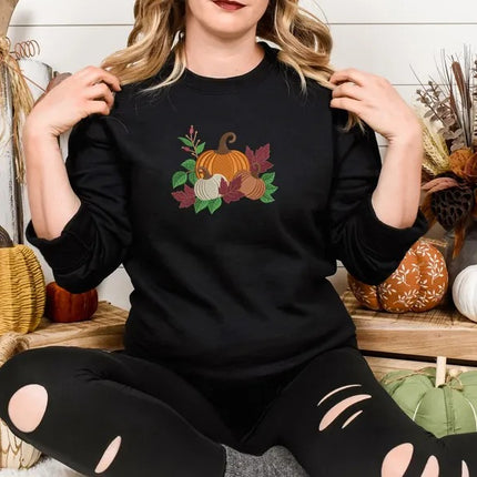 Fall Halloween Embroidered Sweatshirt, Autumn Leaves Crewneck Sweatshirt