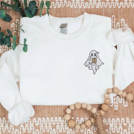 Vintage Ghost with Coffee Sweatshirt, Cute Halloween Ghost Sweatshirt, Embroidered Fall Crewneck Jumper, Spooky Outfits, Coffee Lovers Gifts